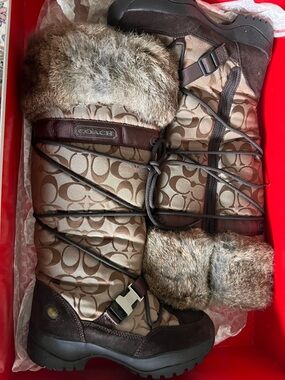 Coach Brown Monogram Faux-Fur Trim Winter Boots
